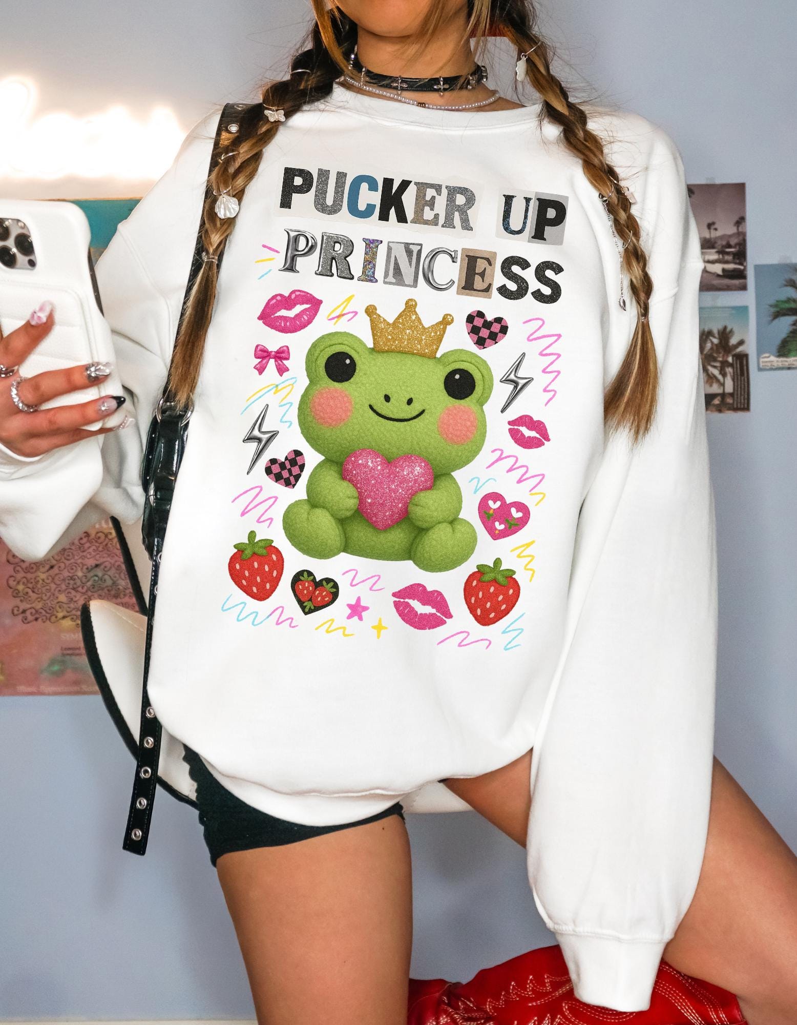 Pucker Up Princess Frog Sweatshirt | Cartoon Valentine Gift