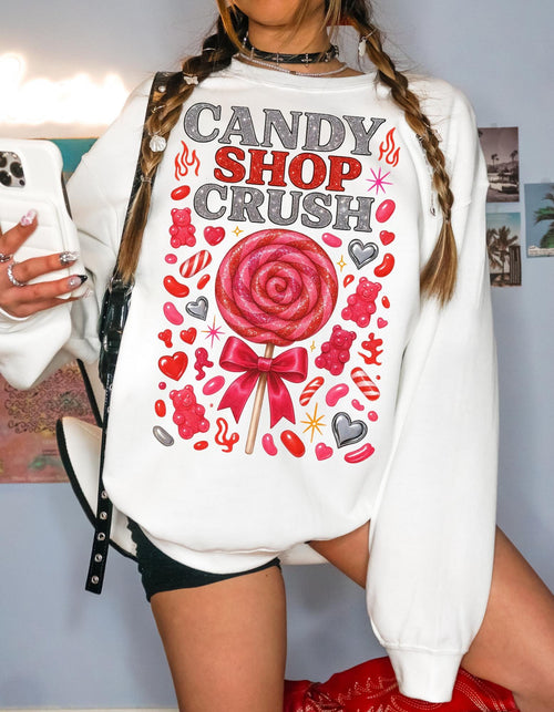 Candy Shop Crush Sweatshirt Lollipop Heart Design Valentine Sweet Graphic Cozy Pink Unisex Gift