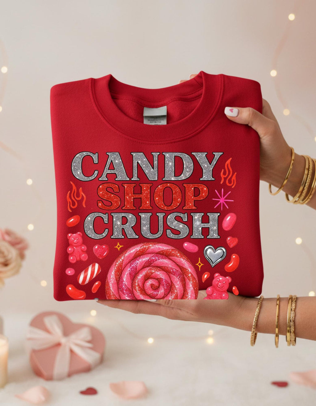 Candy Shop Crush Sweatshirt Lollipop Heart Design Valentine Sweet Graphic Cozy Pink Unisex Gift