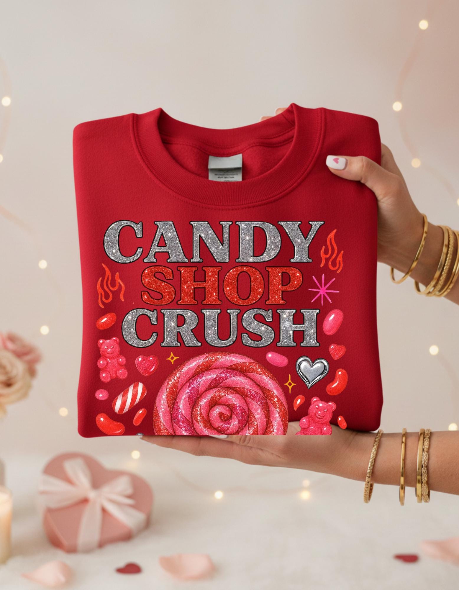Candy Shop Crush Sweatshirt Lollipop Heart Design Valentine Sweet Graphic Cozy Pink Unisex Gift