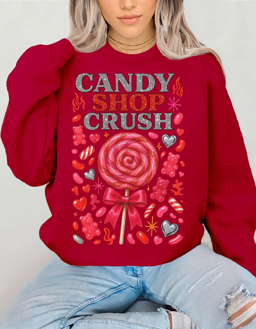 Candy Shop Crush Sweatshirt Lollipop Heart Design Valentine Sweet Graphic Cozy Pink Unisex Gift