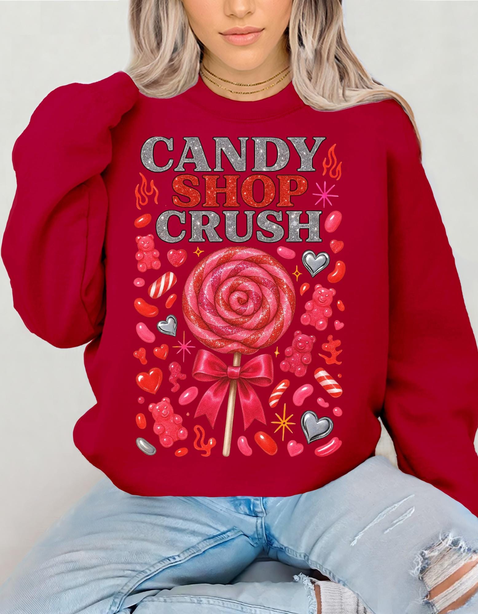 Candy Shop Crush Sweatshirt Lollipop Heart Design Valentine Sweet Graphic Cozy Pink Unisex Gift