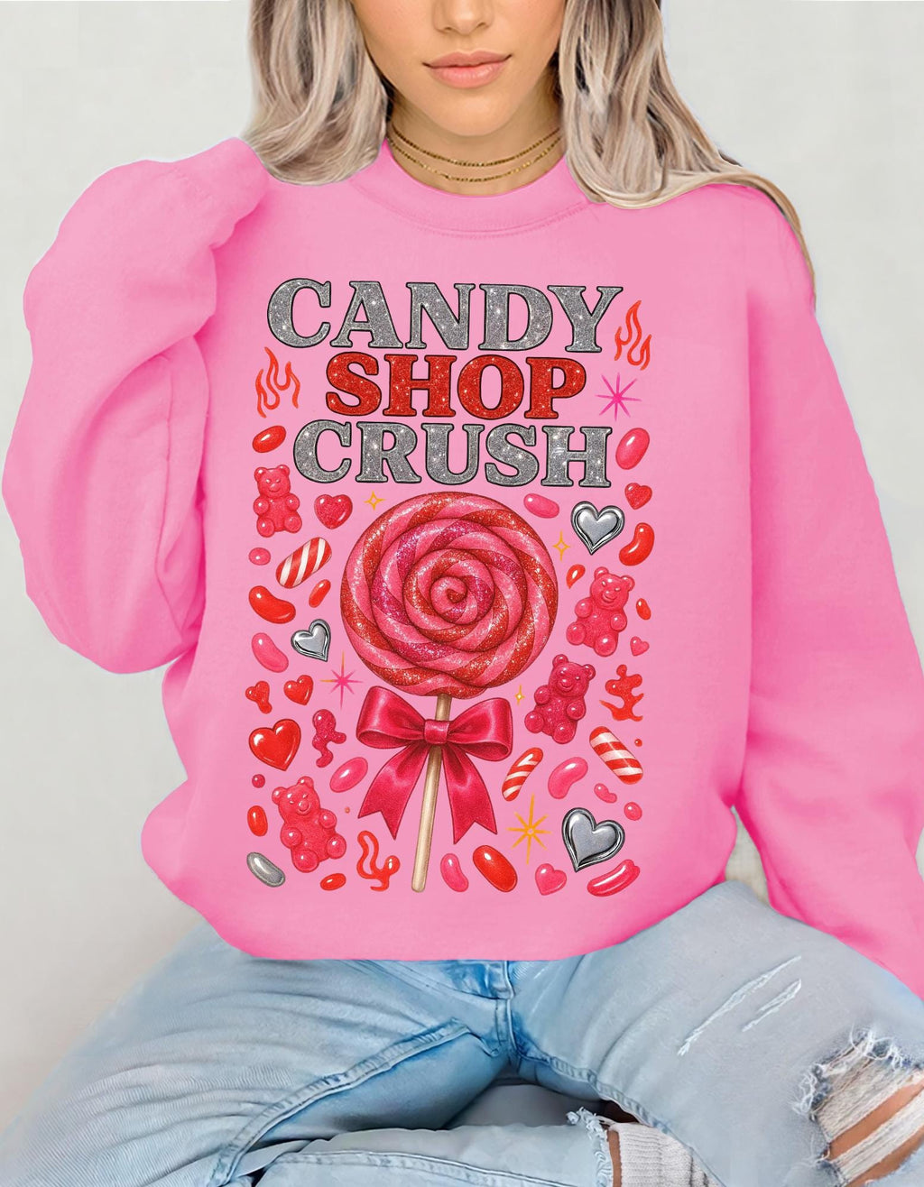 Candy Shop Crush Sweatshirt Lollipop Heart Design Valentine Sweet Graphic Cozy Pink Unisex Gift