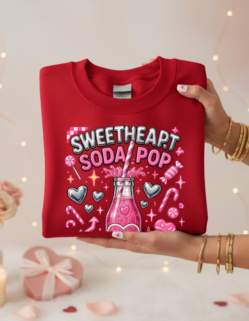 Sweetheart Soda Pop Sweatshirt | Retro Pink Bubbles Crewneck | Kawaii Valentine Gift