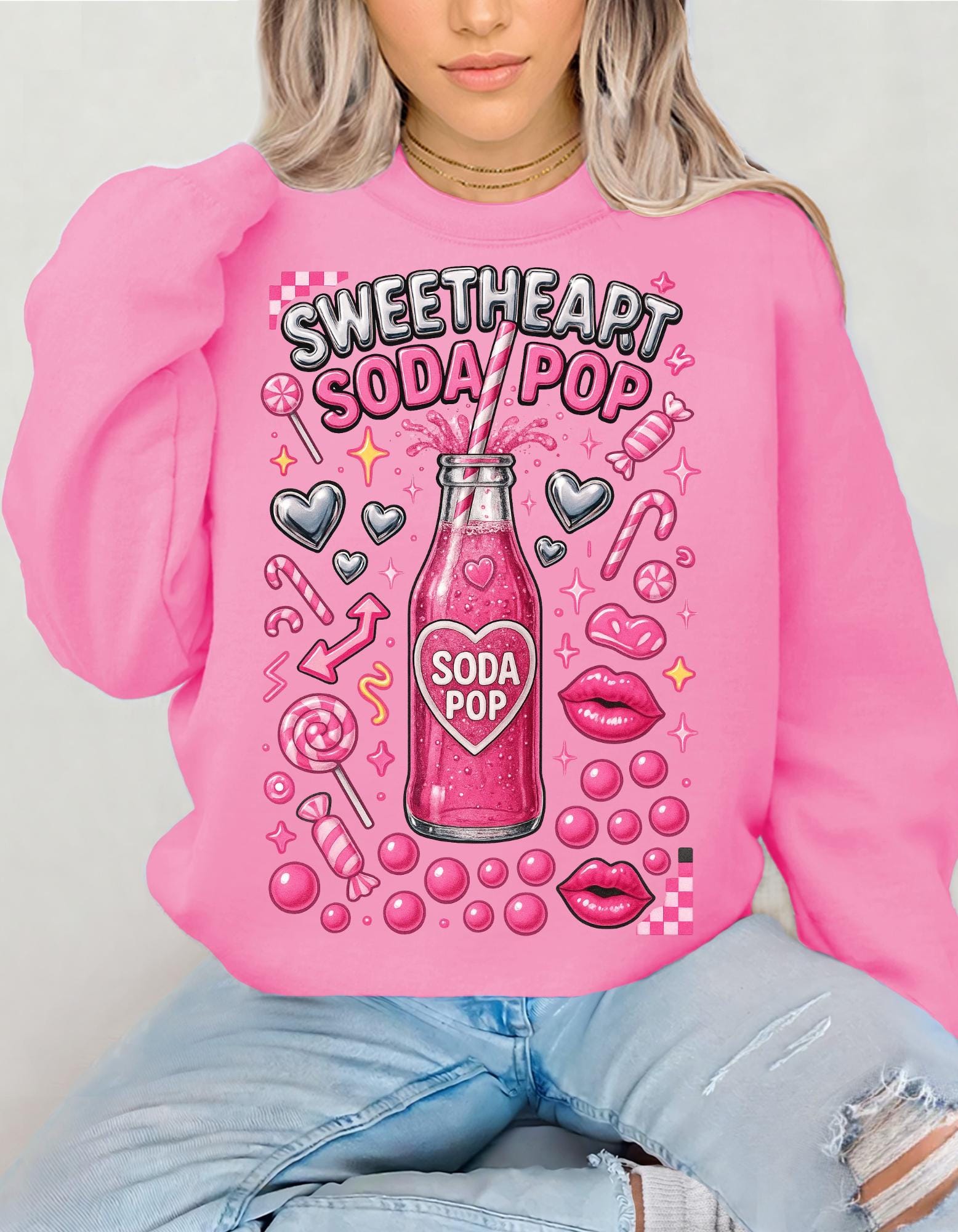 Sweetheart Soda Pop Sweatshirt | Retro Pink Bubbles Crewneck | Kawaii Valentine Gift