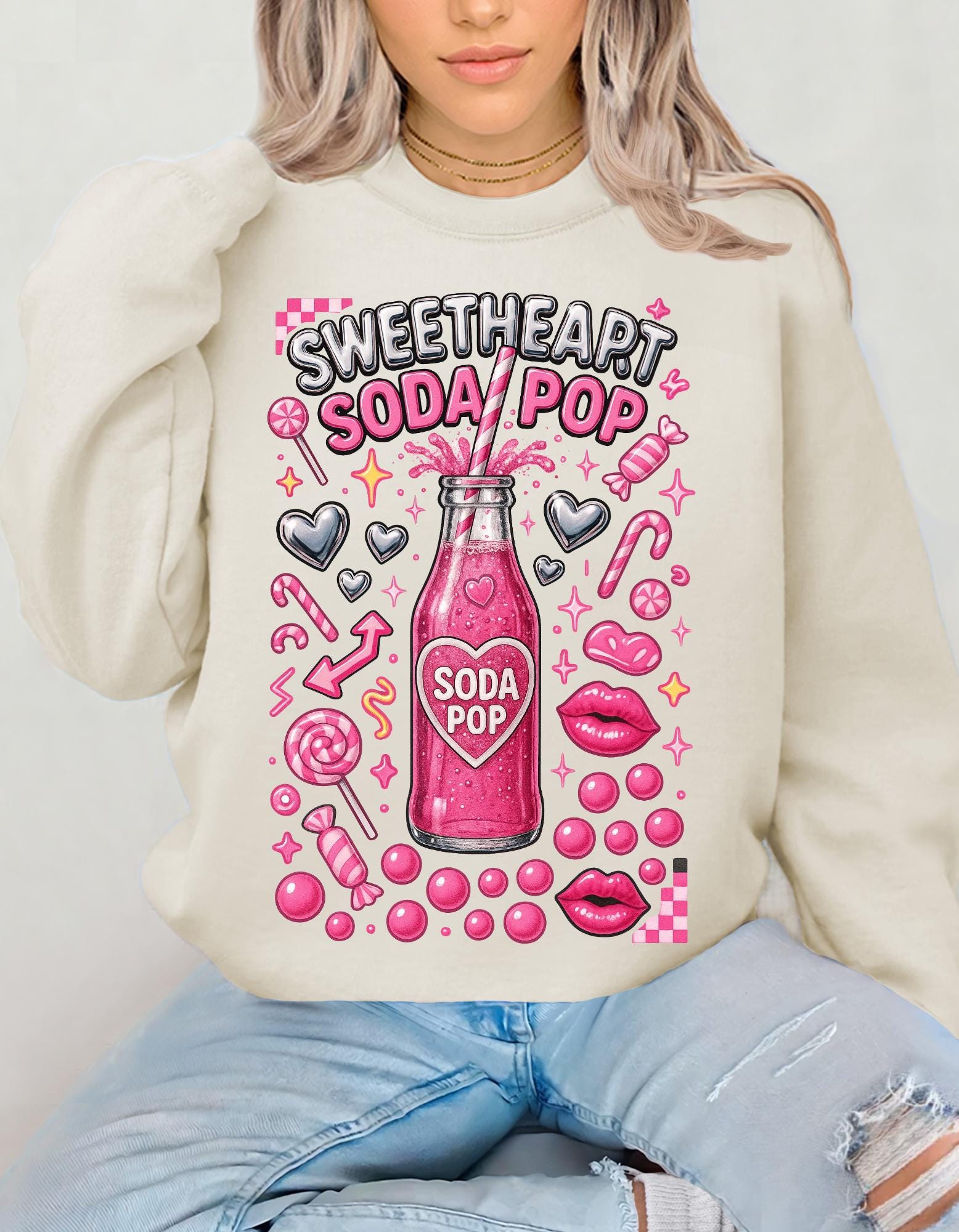 Sweetheart Soda Pop Sweatshirt | Retro Pink Bubbles Crewneck | Kawaii Valentine Gift