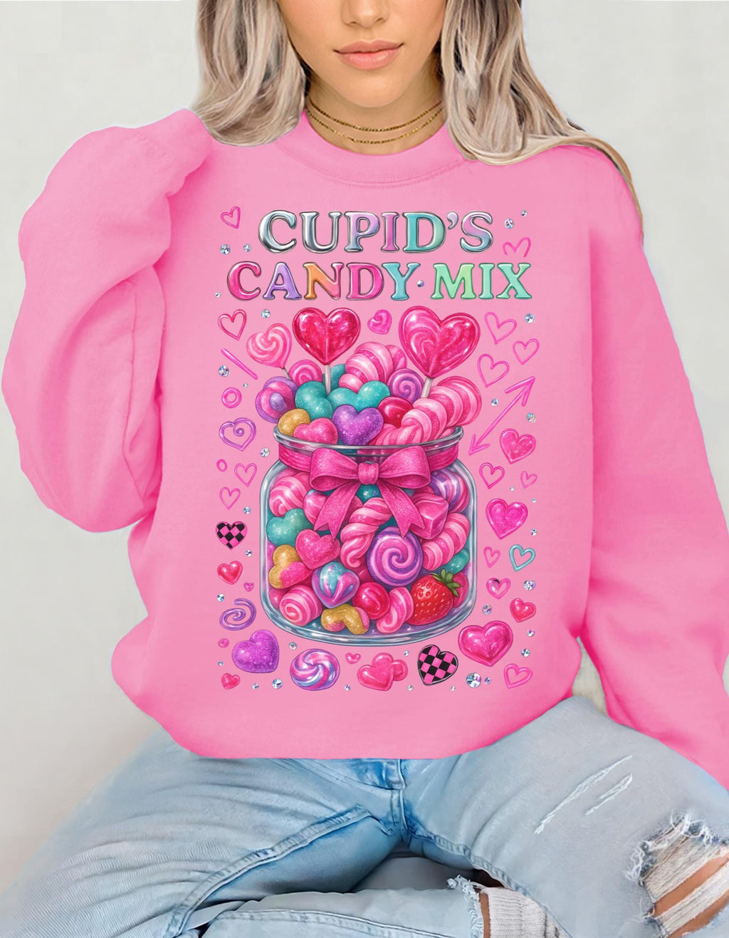 Cupid's Candy Mix Sweatshirt | Valentine's Heart Candy Jar Design