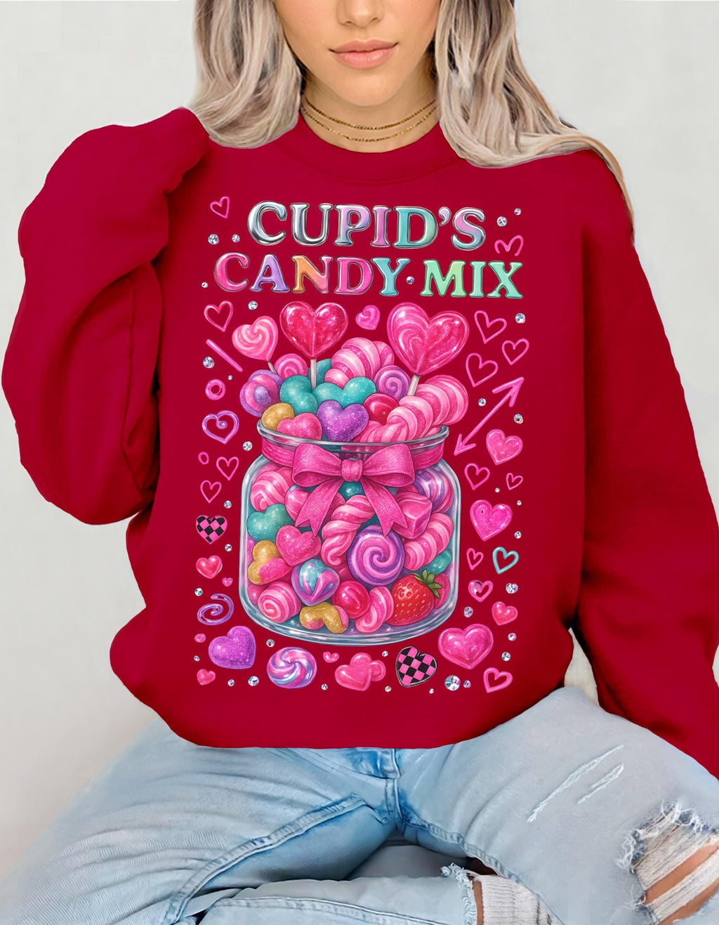 Cupid's Candy Mix Sweatshirt | Valentine's Heart Candy Jar Design