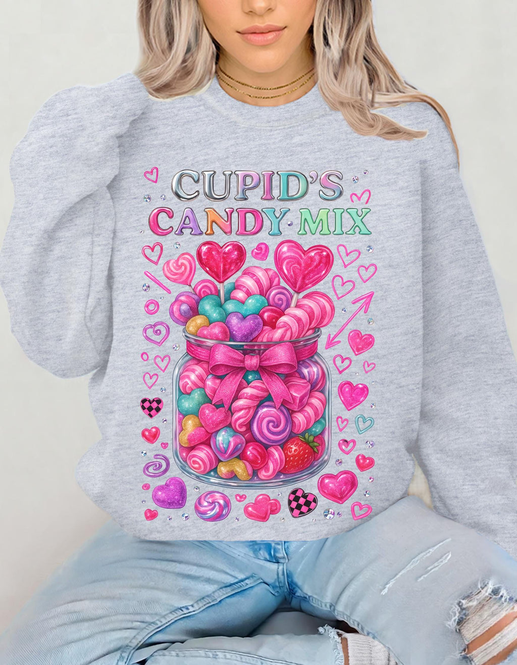 Cupid's Candy Mix Sweatshirt | Valentine's Heart Candy Jar Design