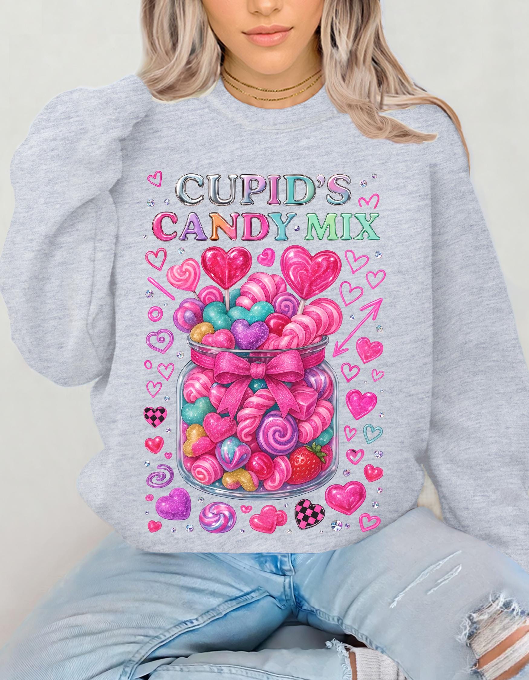 Cupid's Candy Mix Sweatshirt | Valentine's Heart Candy Jar Design