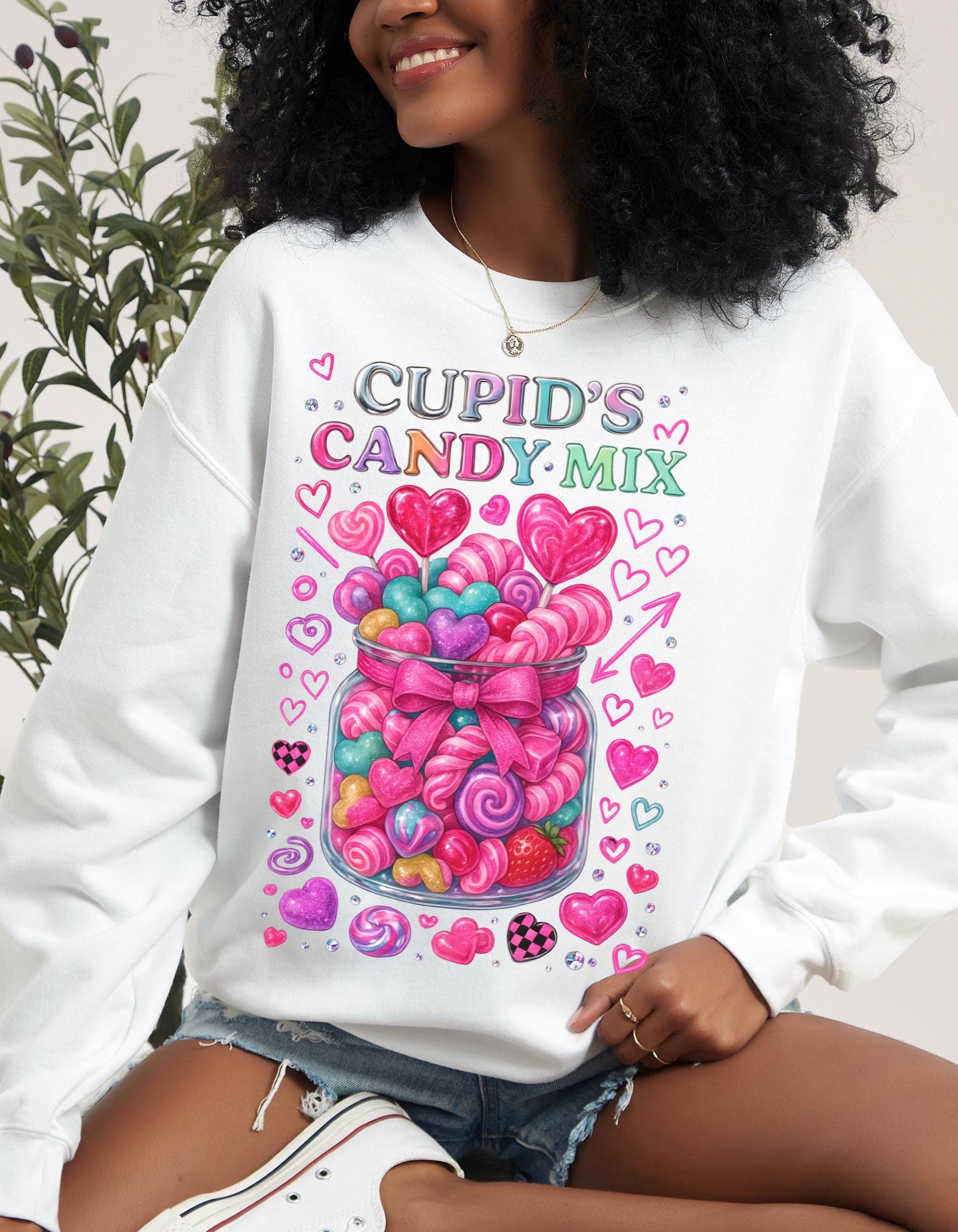 Cupid's Candy Mix Sweatshirt | Valentine's Heart Candy Jar Design