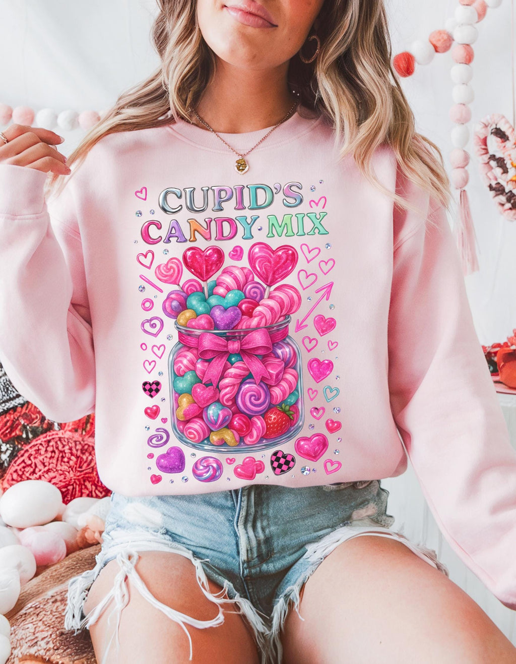 Cupid's Candy Mix Sweatshirt | Valentine's Heart Candy Jar Design