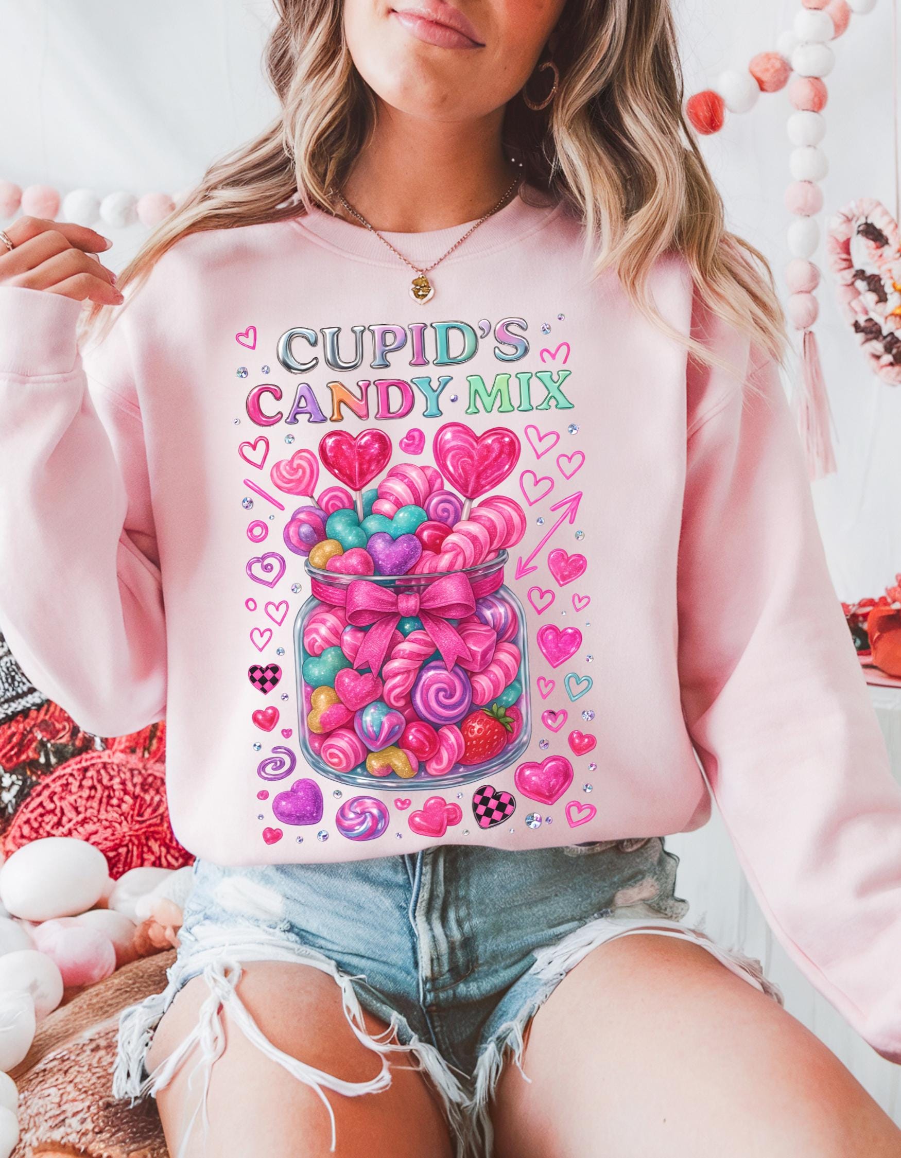 Cupid's Candy Mix Sweatshirt | Valentine's Heart Candy Jar Design