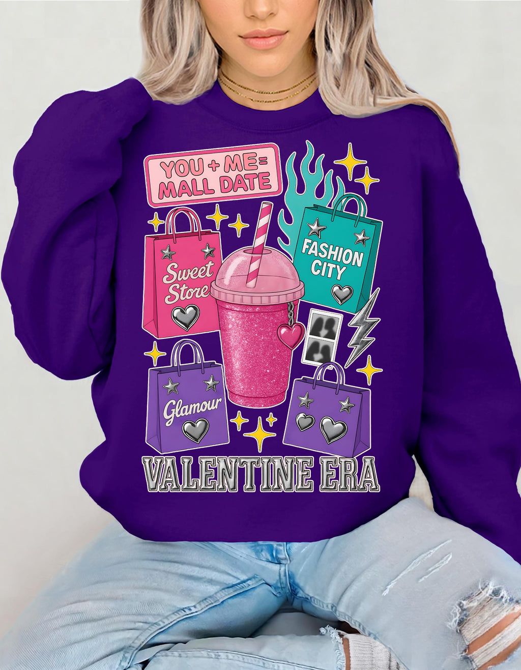 Valentine Era Graphic Sweatshirt: Retro Soda Cup, Shopping Bags