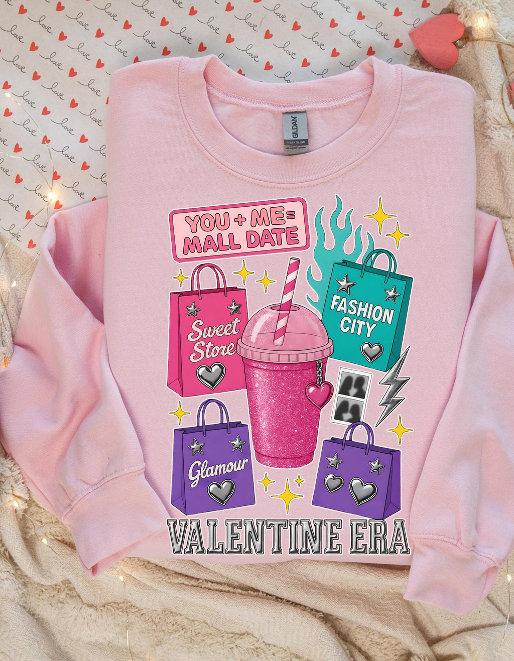 Valentine Era Graphic Sweatshirt: Retro Soda Cup, Shopping Bags