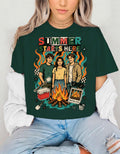 Summer Starts Here Campfire Scene T-Shirt | Retro Outdoor Road Trip Design Unisex Tee