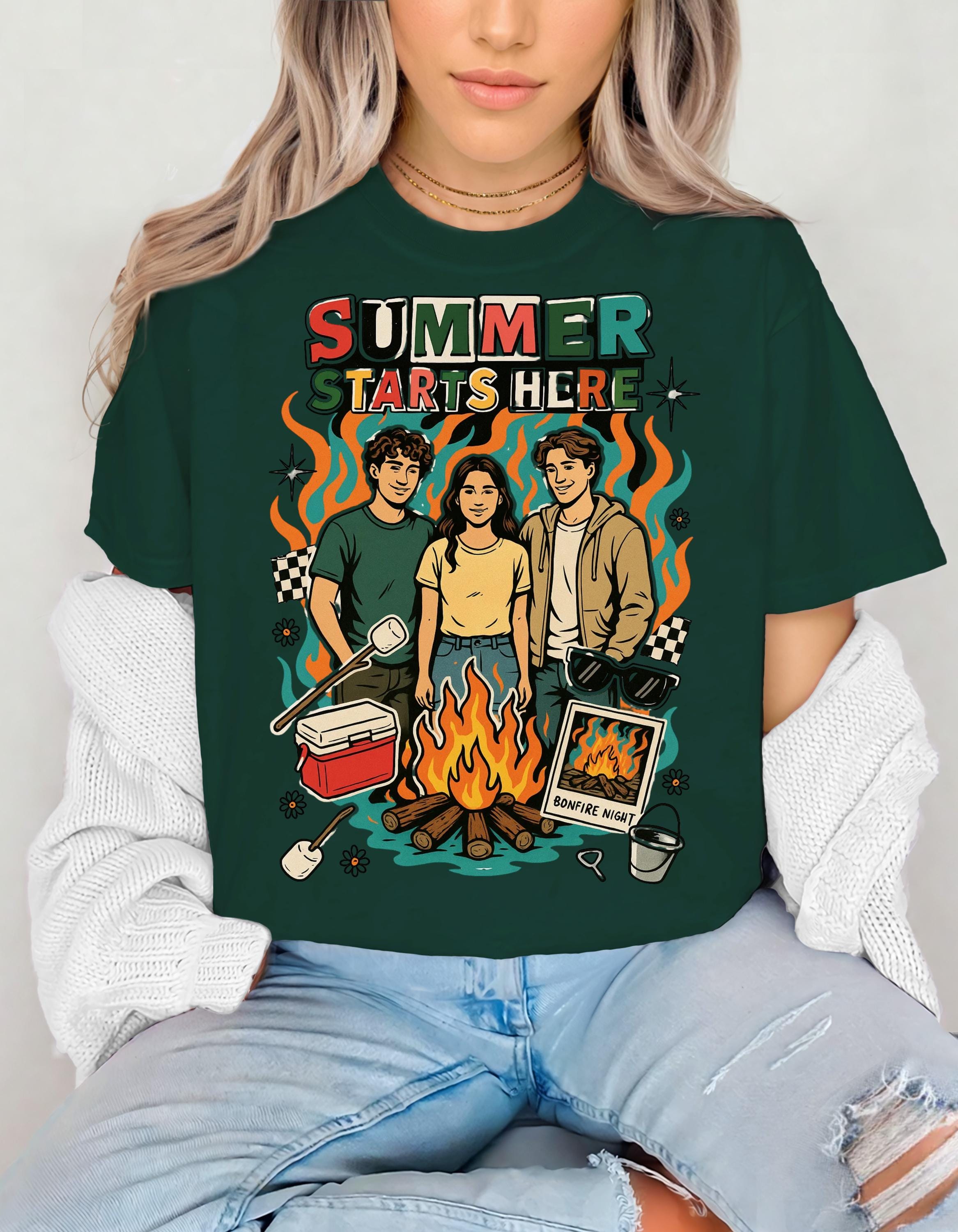 Summer Starts Here Campfire Scene T-Shirt | Retro Outdoor Road Trip Design Unisex Tee