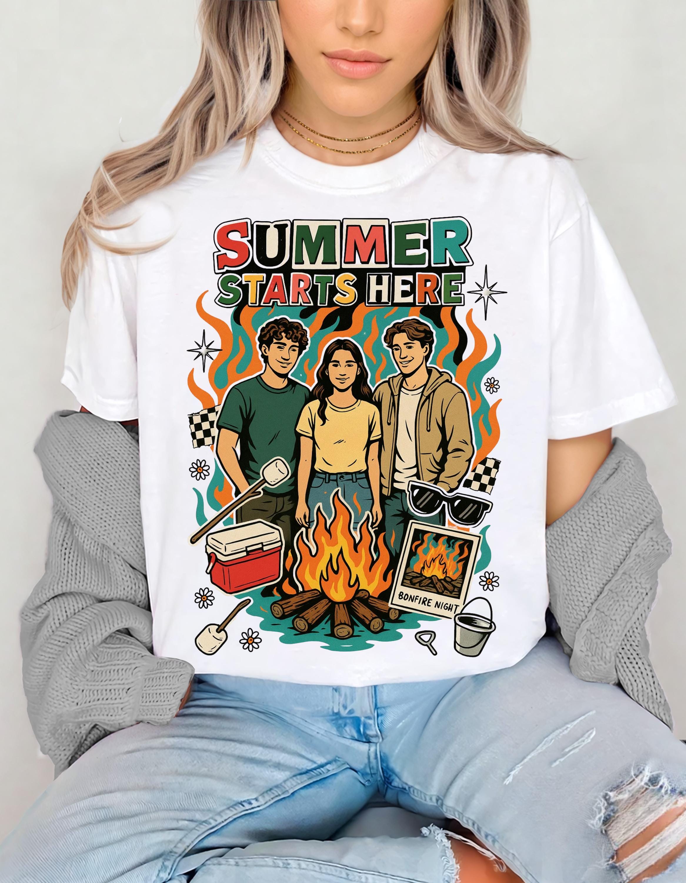 Summer Starts Here Campfire Scene T-Shirt | Retro Outdoor Road Trip Design Unisex Tee
