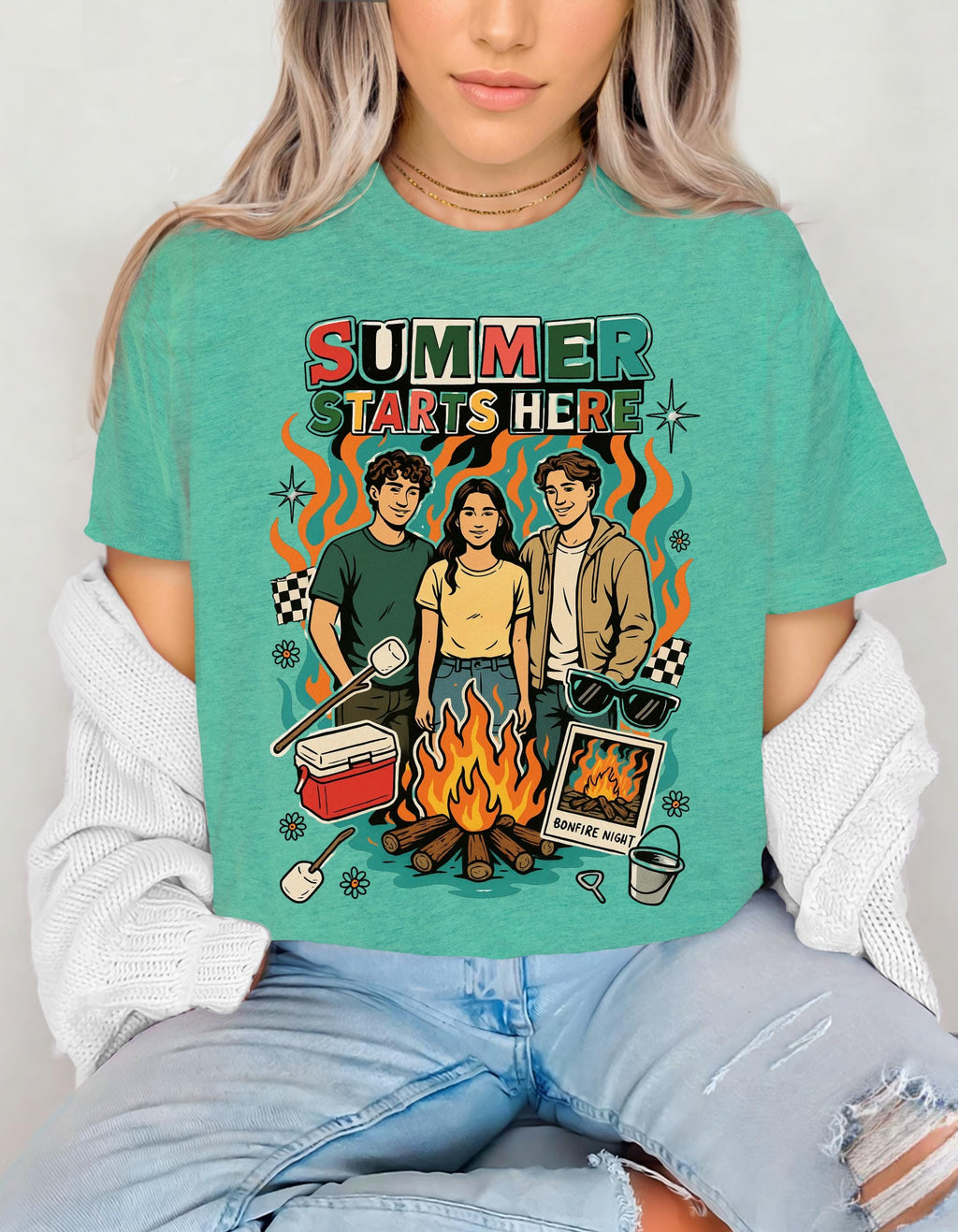 Summer Starts Here Campfire Scene T-Shirt | Retro Outdoor Road Trip Design Unisex Tee