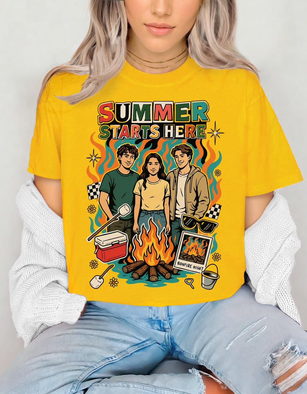 Summer Starts Here Campfire Scene T-Shirt | Retro Outdoor Road Trip Design Unisex Tee
