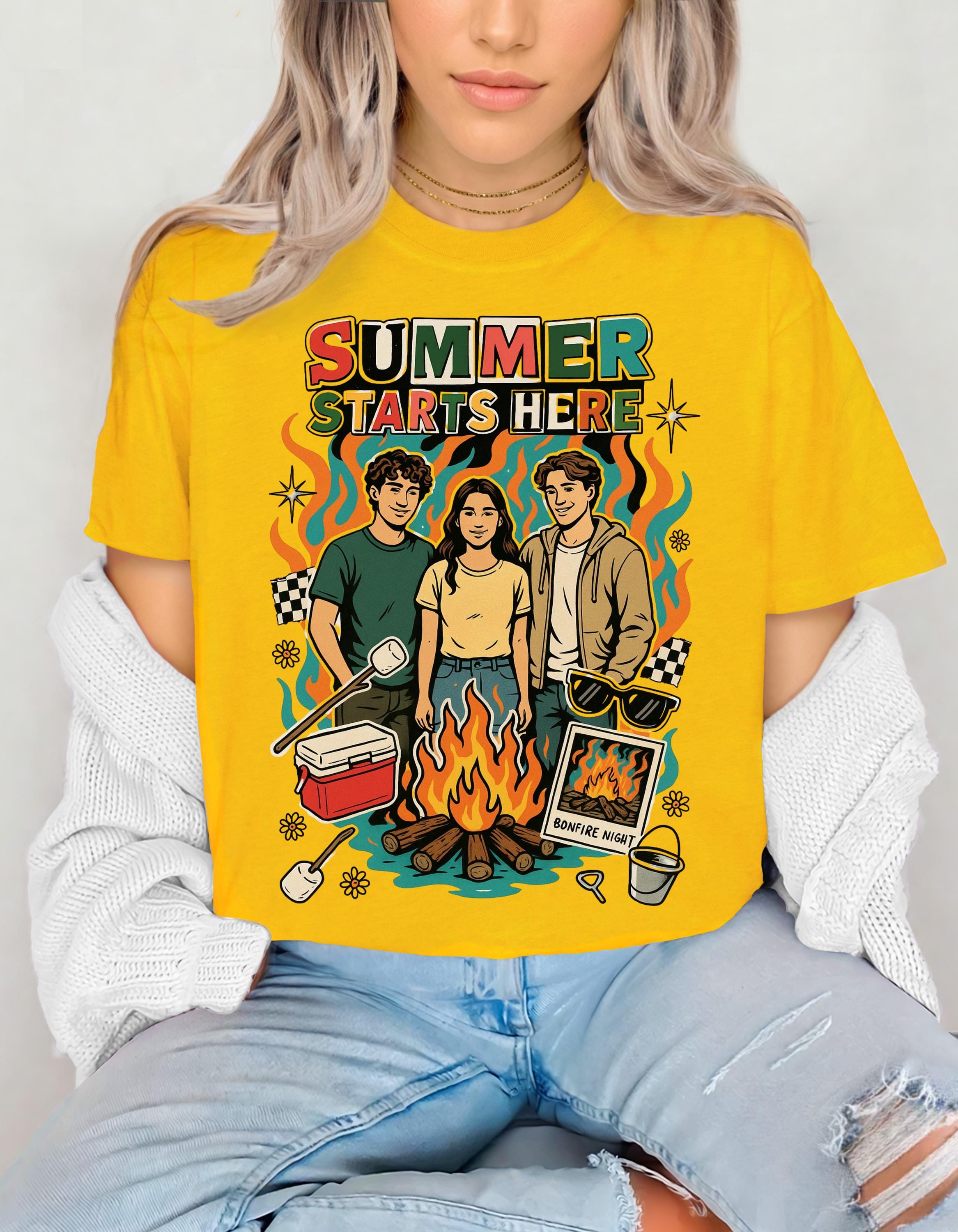 Summer Starts Here Campfire Scene T-Shirt | Retro Outdoor Road Trip Design Unisex Tee