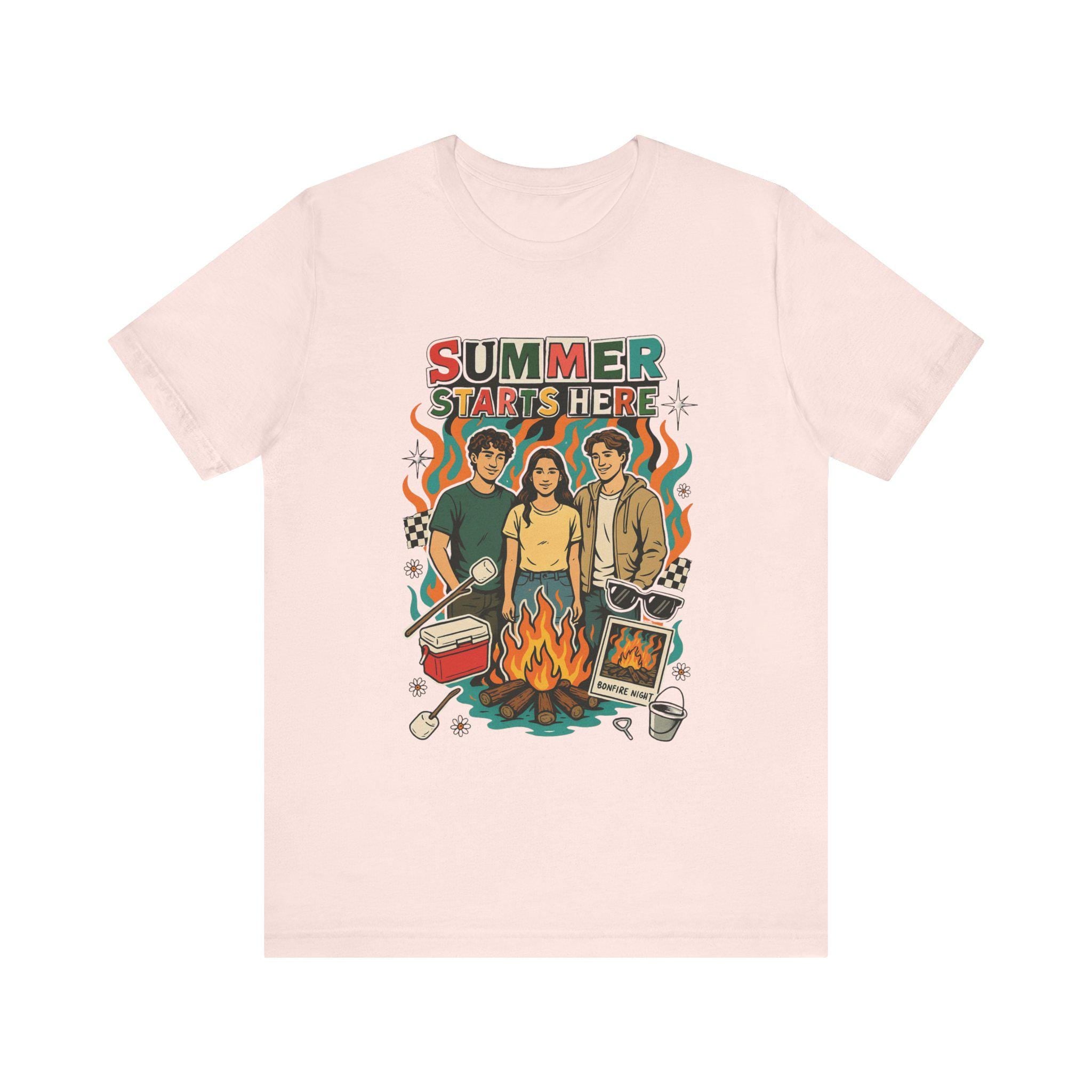 Summer Starts Here Campfire Scene T-Shirt | Retro Outdoor Road Trip Design Unisex Tee