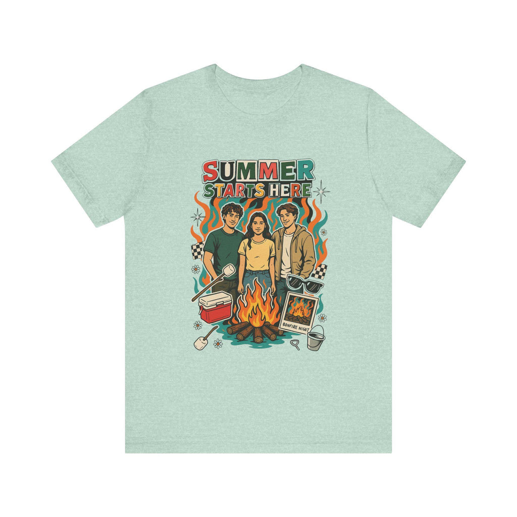 Summer Starts Here Campfire Scene T-Shirt | Retro Outdoor Road Trip Design Unisex Tee