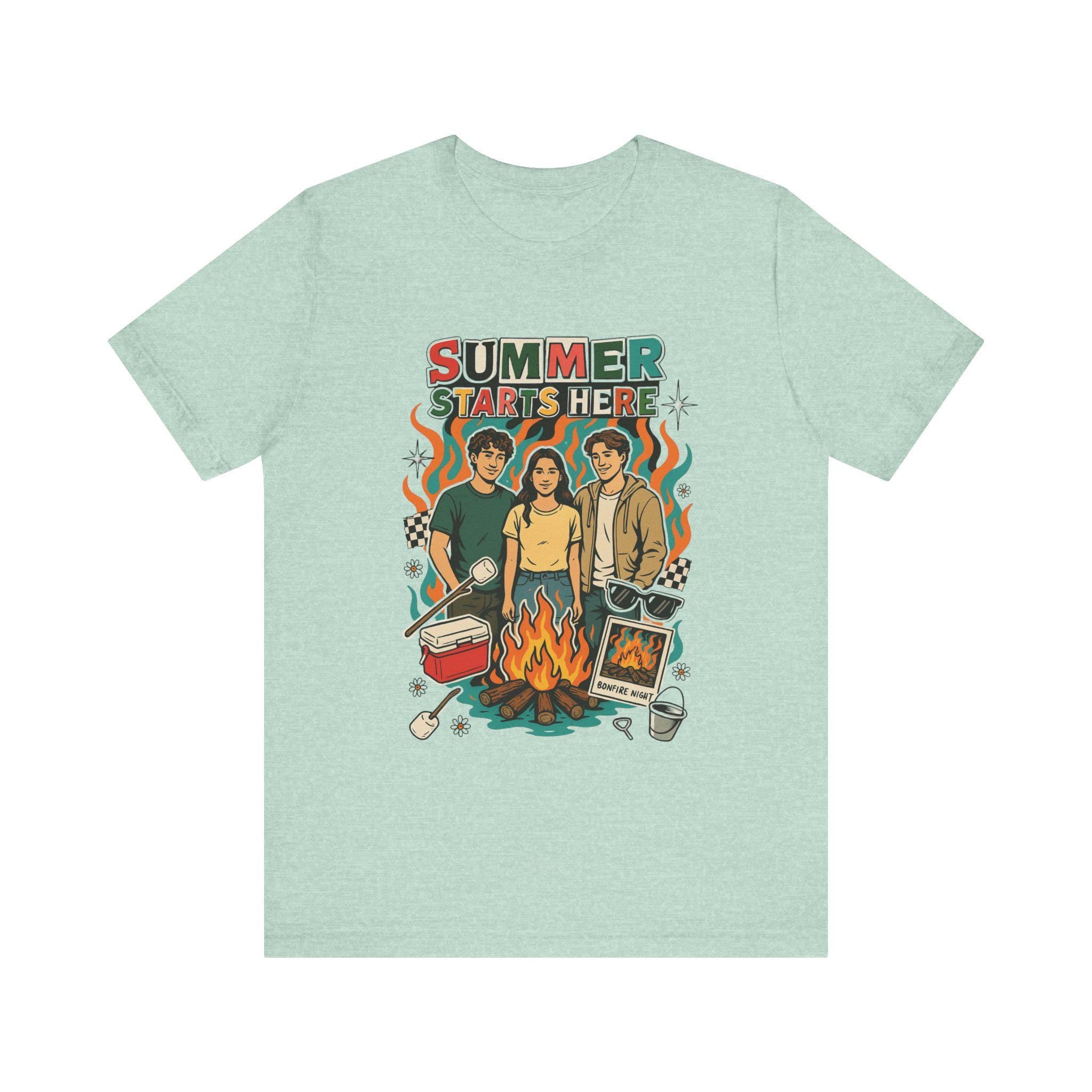 Summer Starts Here Campfire Scene T-Shirt | Retro Outdoor Road Trip Design Unisex Tee