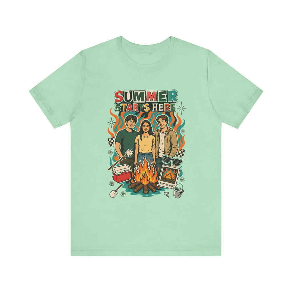 Summer Starts Here Campfire Scene T-Shirt | Retro Outdoor Road Trip Design Unisex Tee
