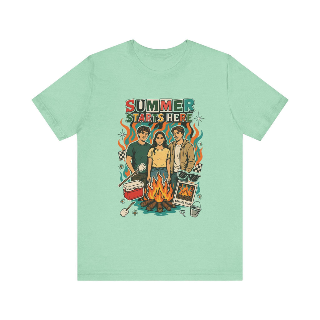 Summer Starts Here Campfire Scene T-Shirt | Retro Outdoor Road Trip Design Unisex Tee