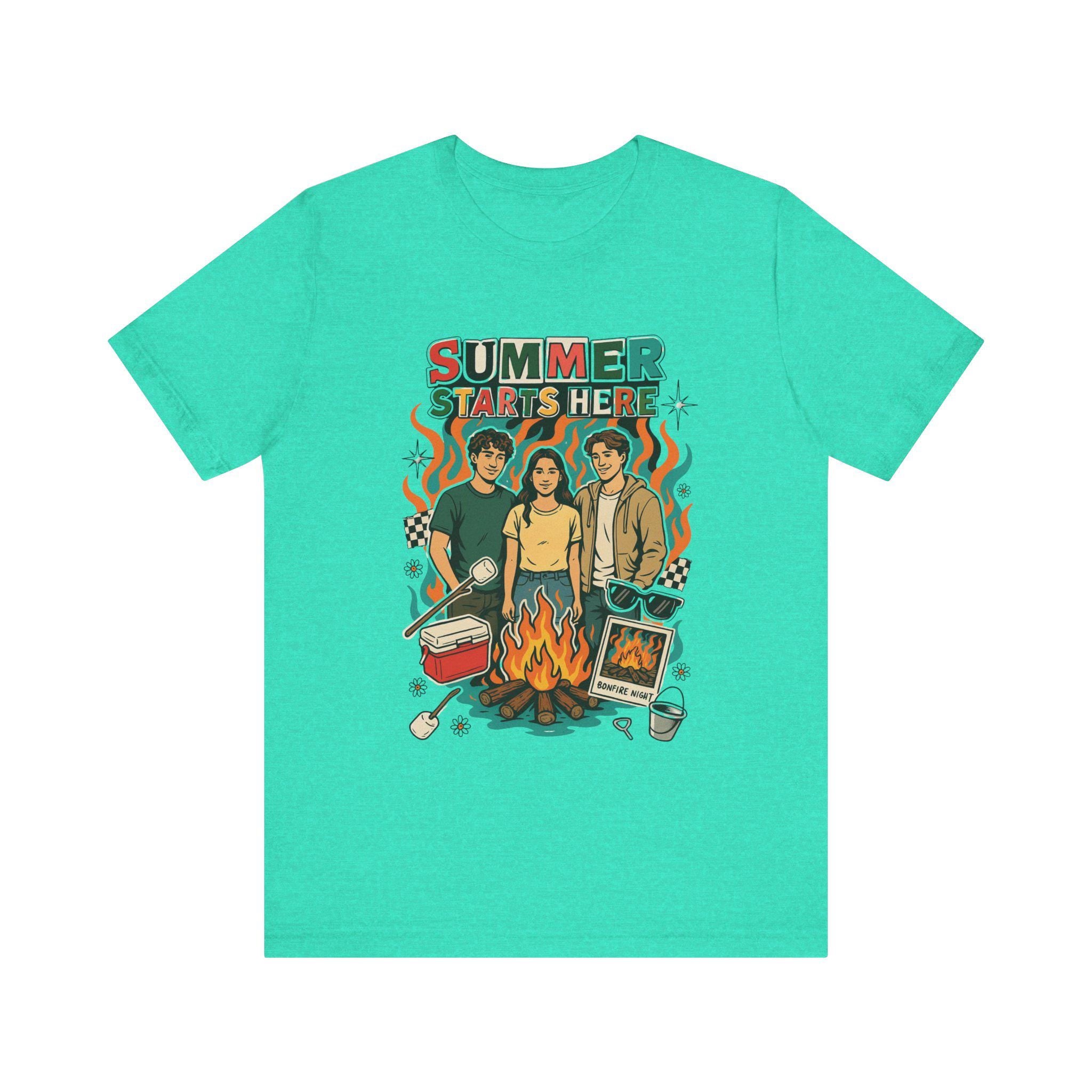 Summer Starts Here Campfire Scene T-Shirt | Retro Outdoor Road Trip Design Unisex Tee
