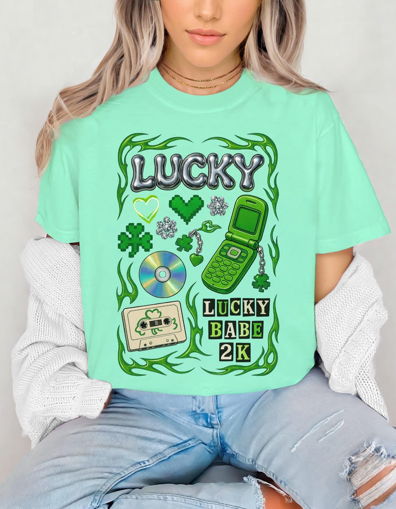 Lucky Collage T-Shirt | Y2K Cassette, Phone, Clover