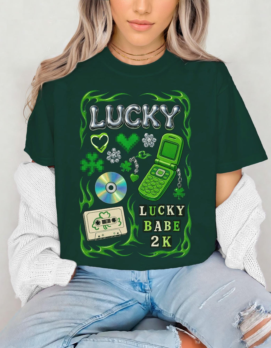 Lucky Collage T-Shirt | Y2K Cassette, Phone, Clover