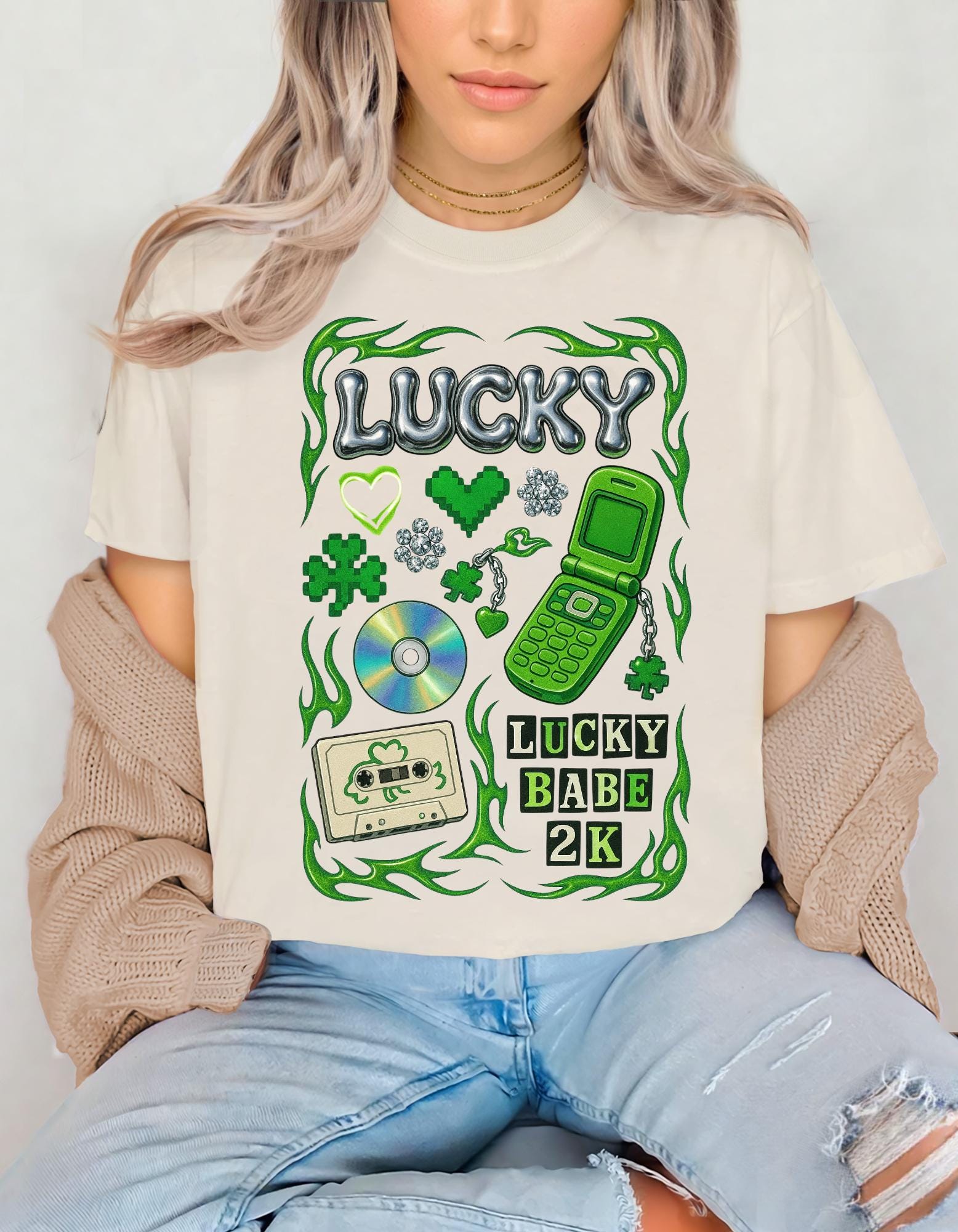 Lucky Collage T-Shirt | Y2K Cassette, Phone, Clover