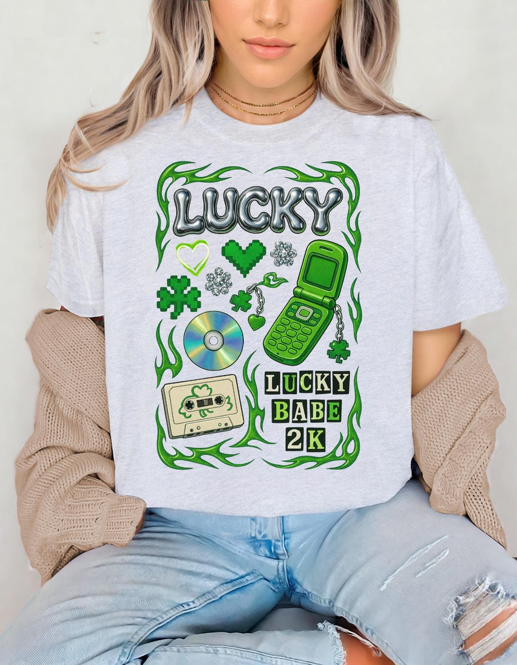 Lucky Collage T-Shirt | Y2K Cassette, Phone, Clover
