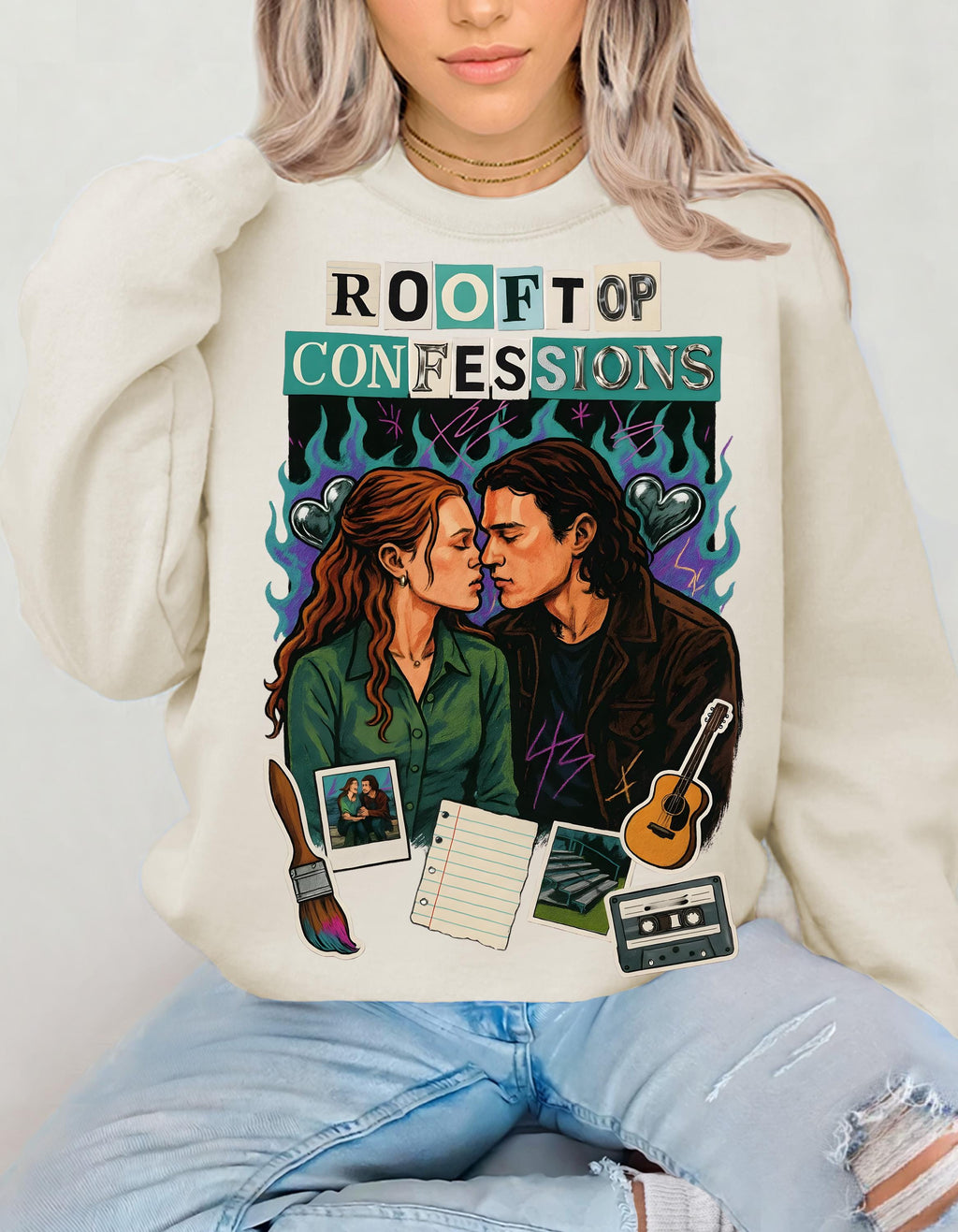 Rooftop Confessions Couple Illustration Sweatshirt | Cozy Guitar Journal Cassette Scene Design