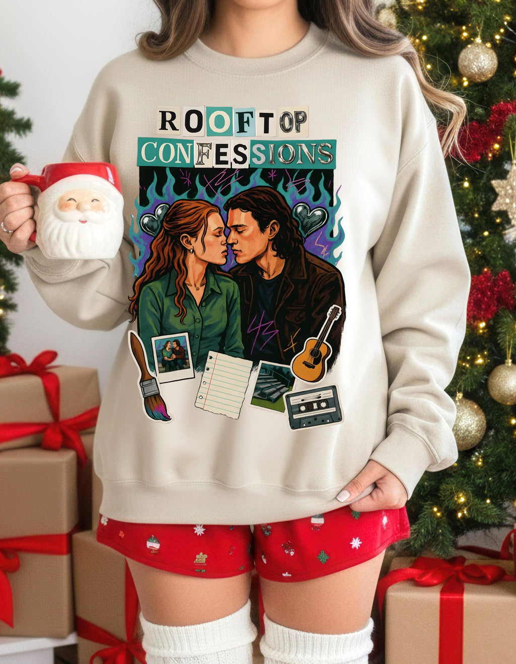 Rooftop Confessions Couple Illustration Sweatshirt | Cozy Guitar Journal Cassette Scene Design