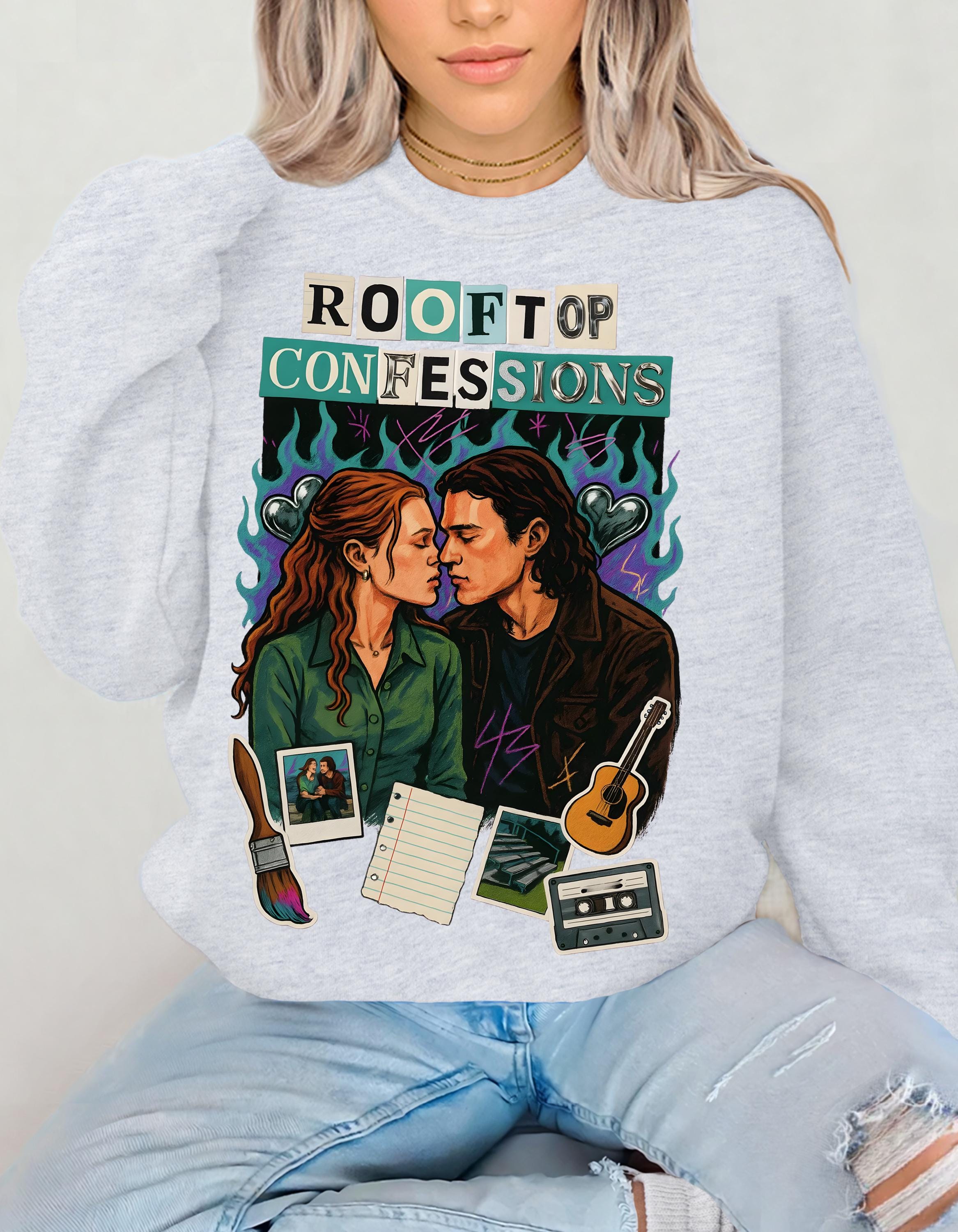 Rooftop Confessions Couple Illustration Sweatshirt | Cozy Guitar Journal Cassette Scene Design