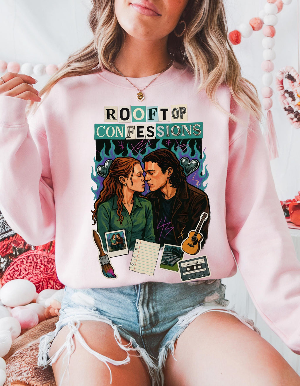 Rooftop Confessions Couple Illustration Sweatshirt | Cozy Guitar Journal Cassette Scene Design