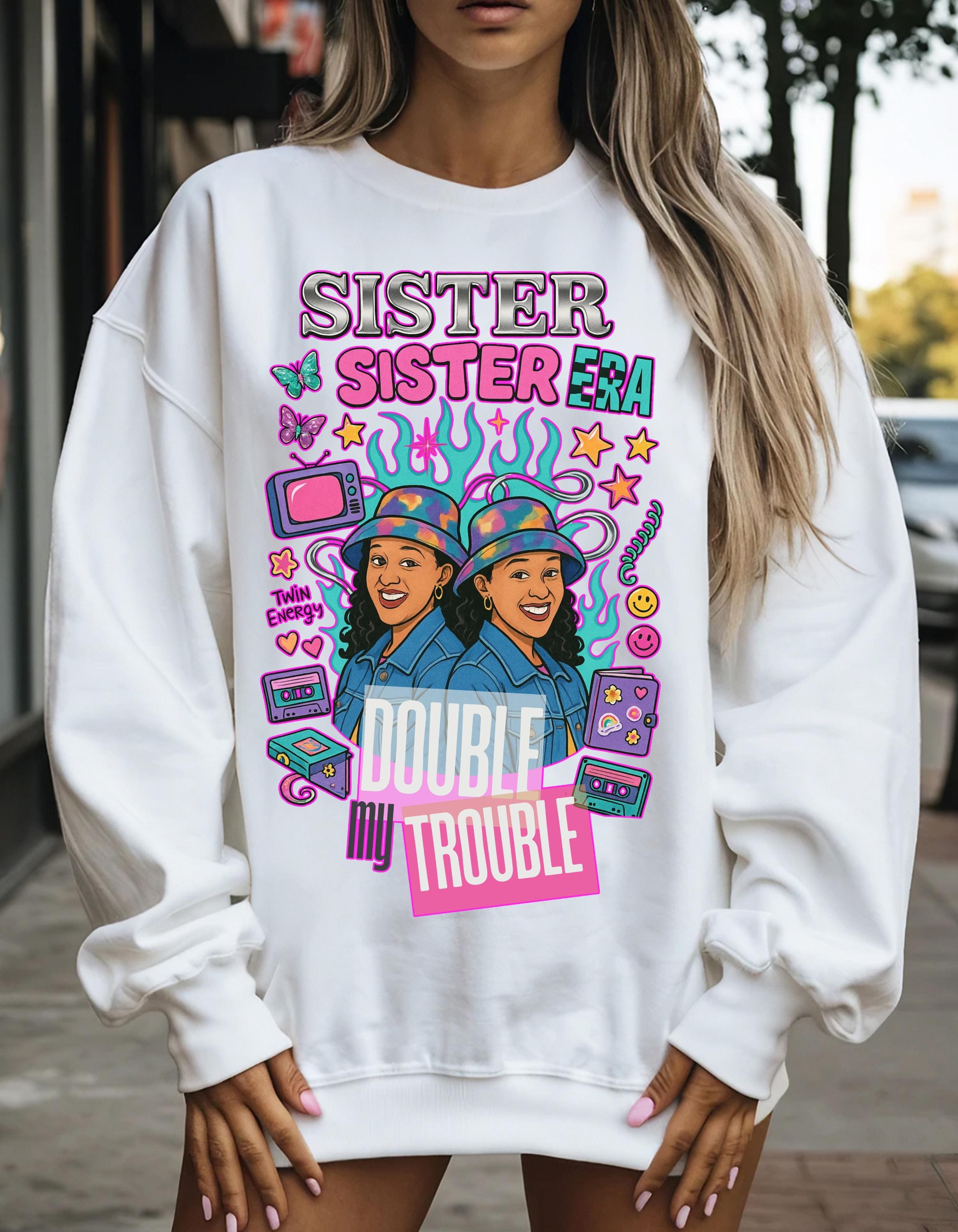 90s Double My Trouble Twin Shirts Sweatshirt Retro Vintage Graphic Matching Set