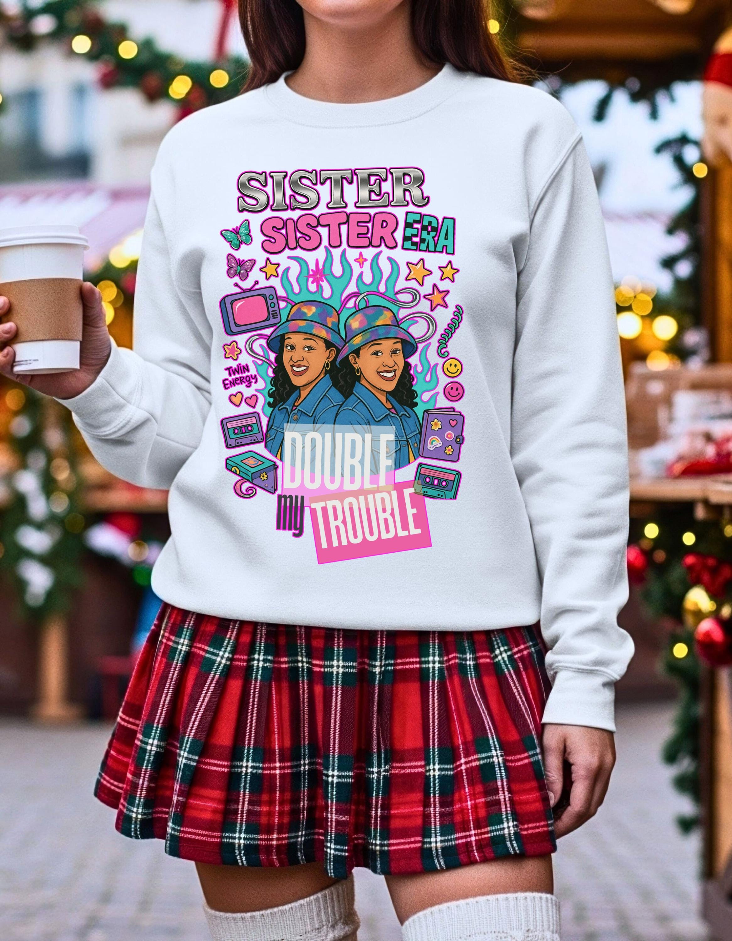 90s Double My Trouble Twin Shirts Sweatshirt Retro Vintage Graphic Matching Set