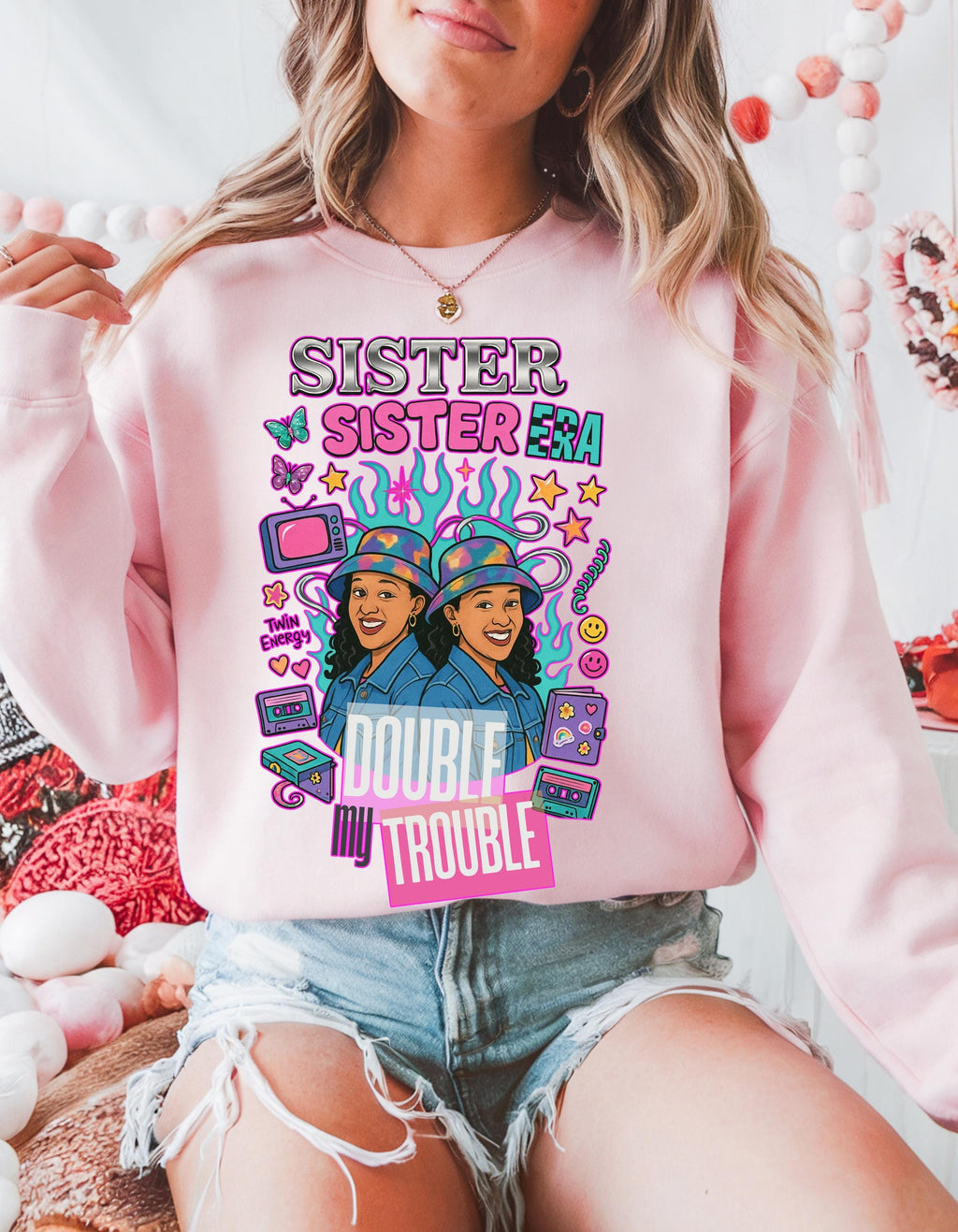 90s Double My Trouble Twin Shirts Sweatshirt Retro Vintage Graphic Matching Set
