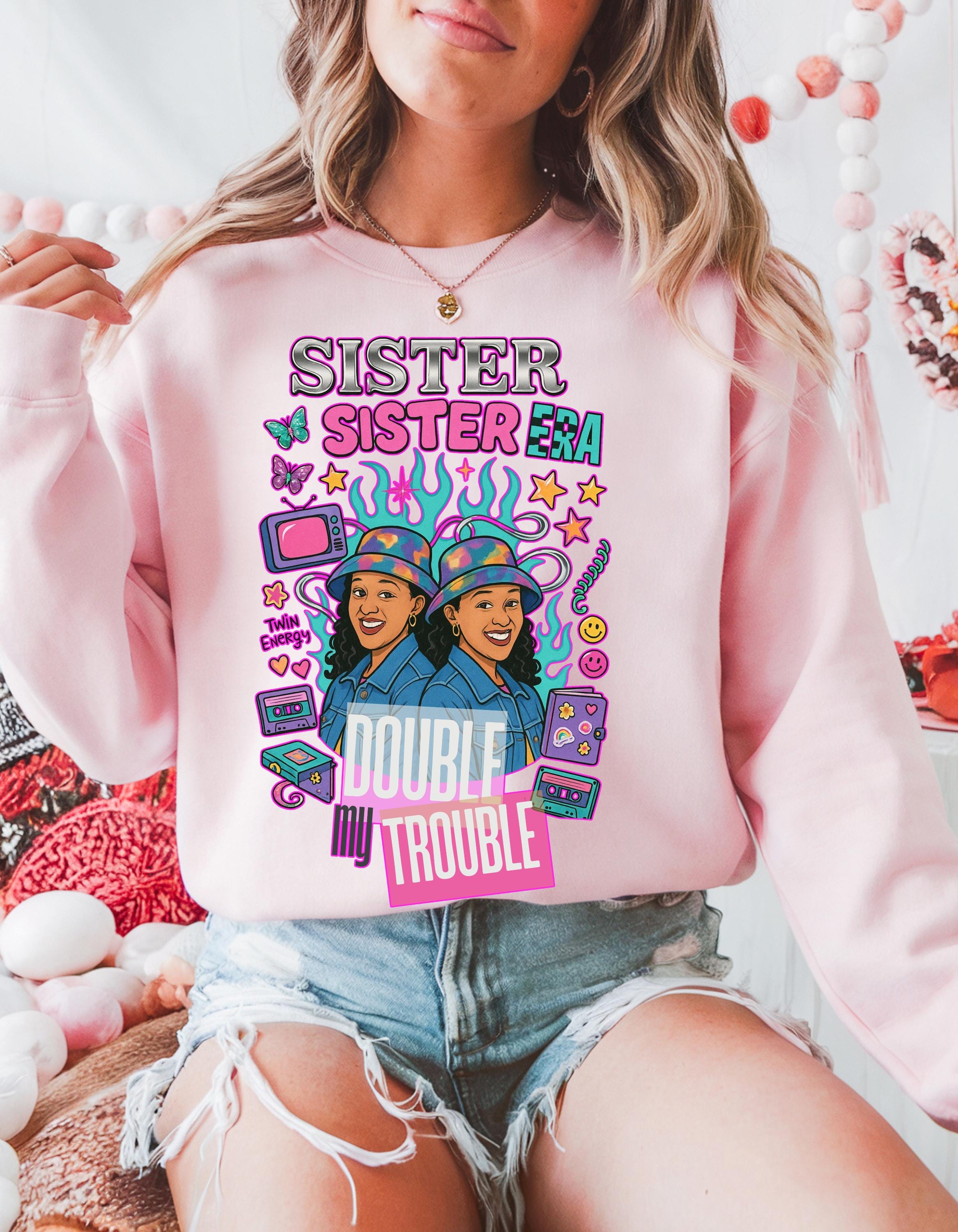 90s Double My Trouble Twin Shirts Sweatshirt Retro Vintage Graphic Matching Set