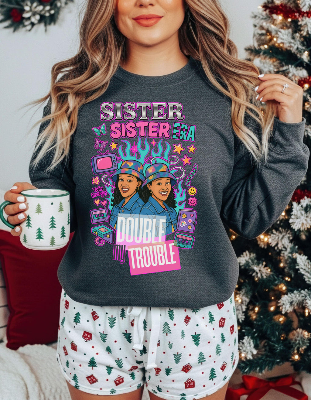 90s Double My Trouble Twin Shirts Sweatshirt Retro Vintage Graphic Matching Set