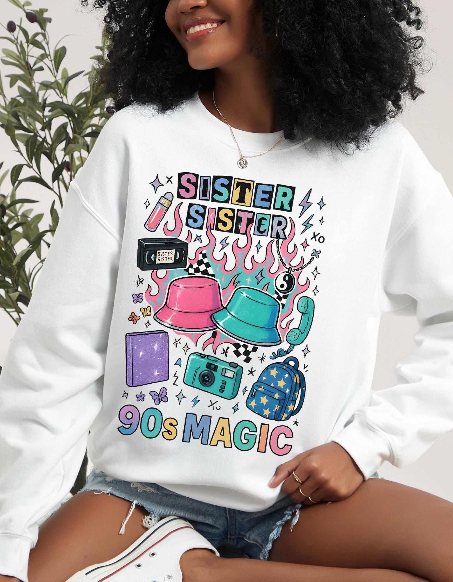 90s Twin Sisters Crewneck Sweatshirt Retro Sibling Vintage Twins Matching Outfit Gift