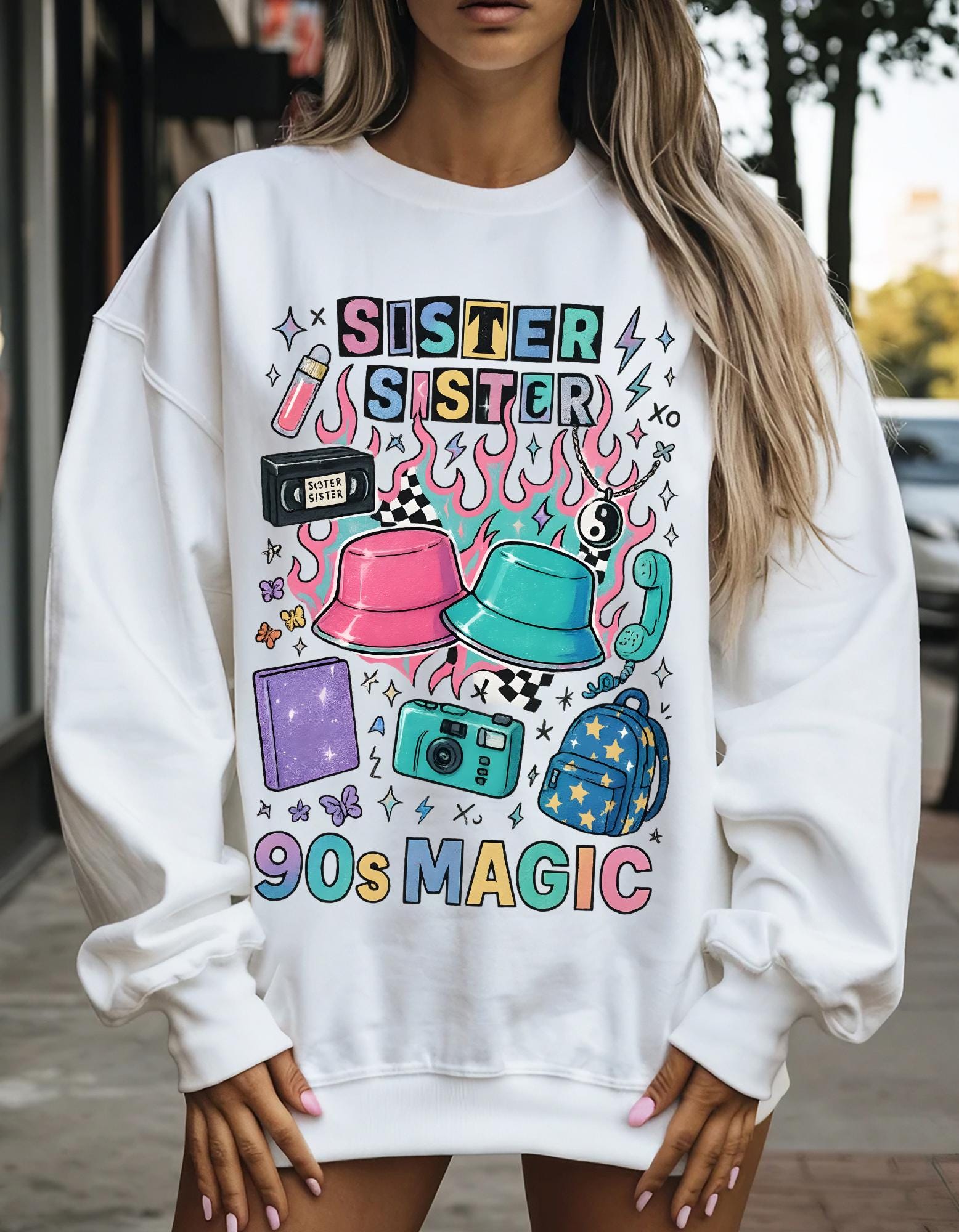 90s Twin Sisters Crewneck Sweatshirt Retro Sibling Vintage Twins Matching Outfit Gift