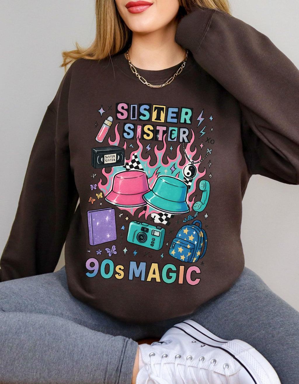 90s Twin Sisters Crewneck Sweatshirt Retro Sibling Vintage Twins Matching Outfit Gift