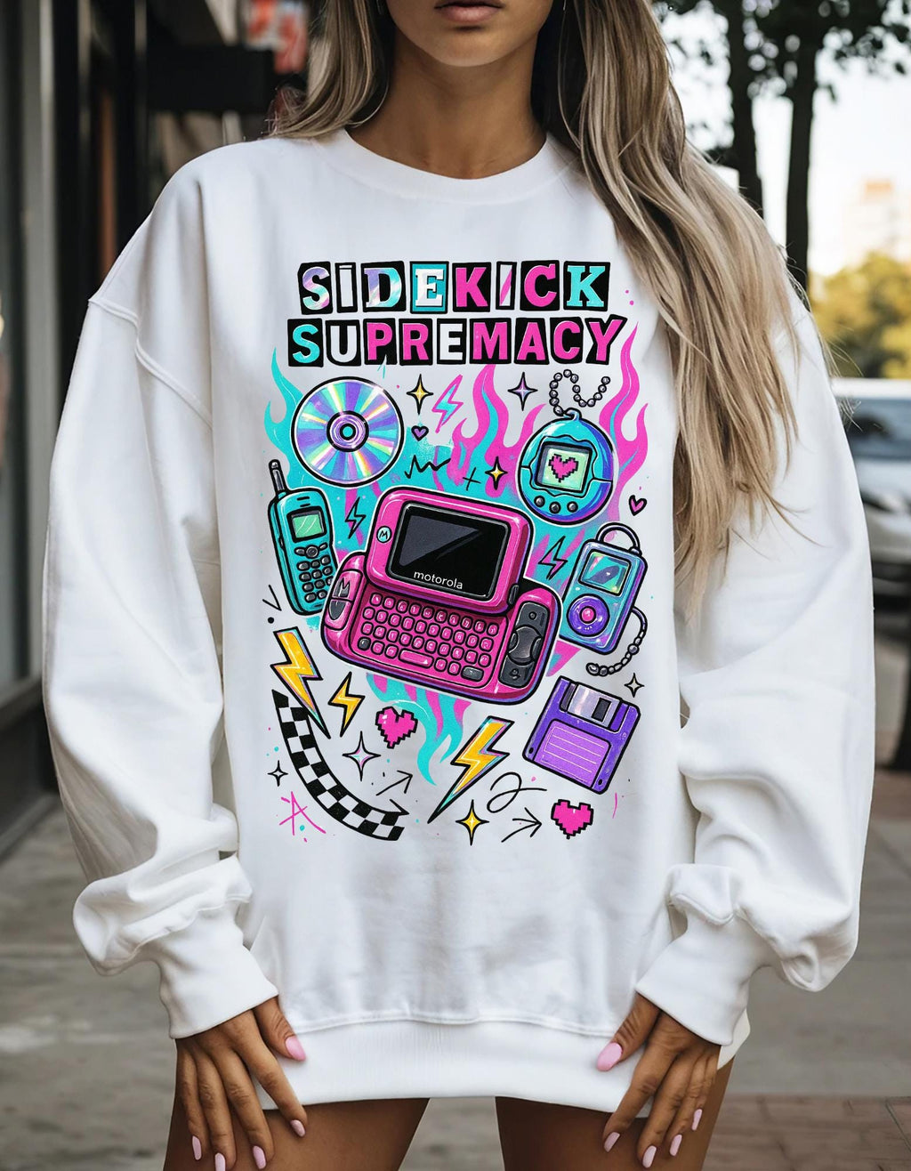 Retro Tech Crewneck Sweatshirt, Vaporwave Sidekick Supremacy, Gamer Streetwear