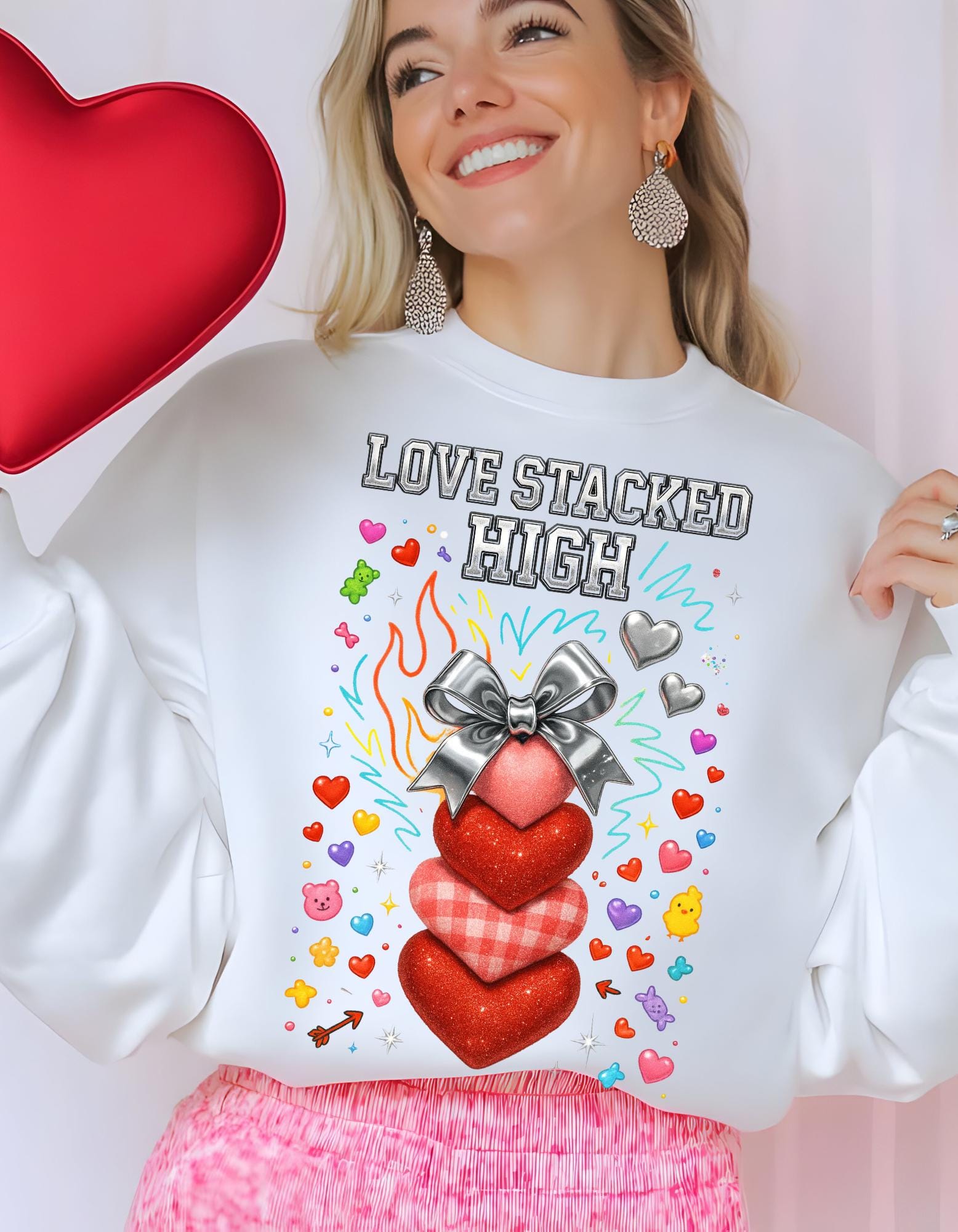 Stacked Hearts Ribbon Crewneck Sweatshirt Valentine Love Design Gift Unisex Cozy Apparel