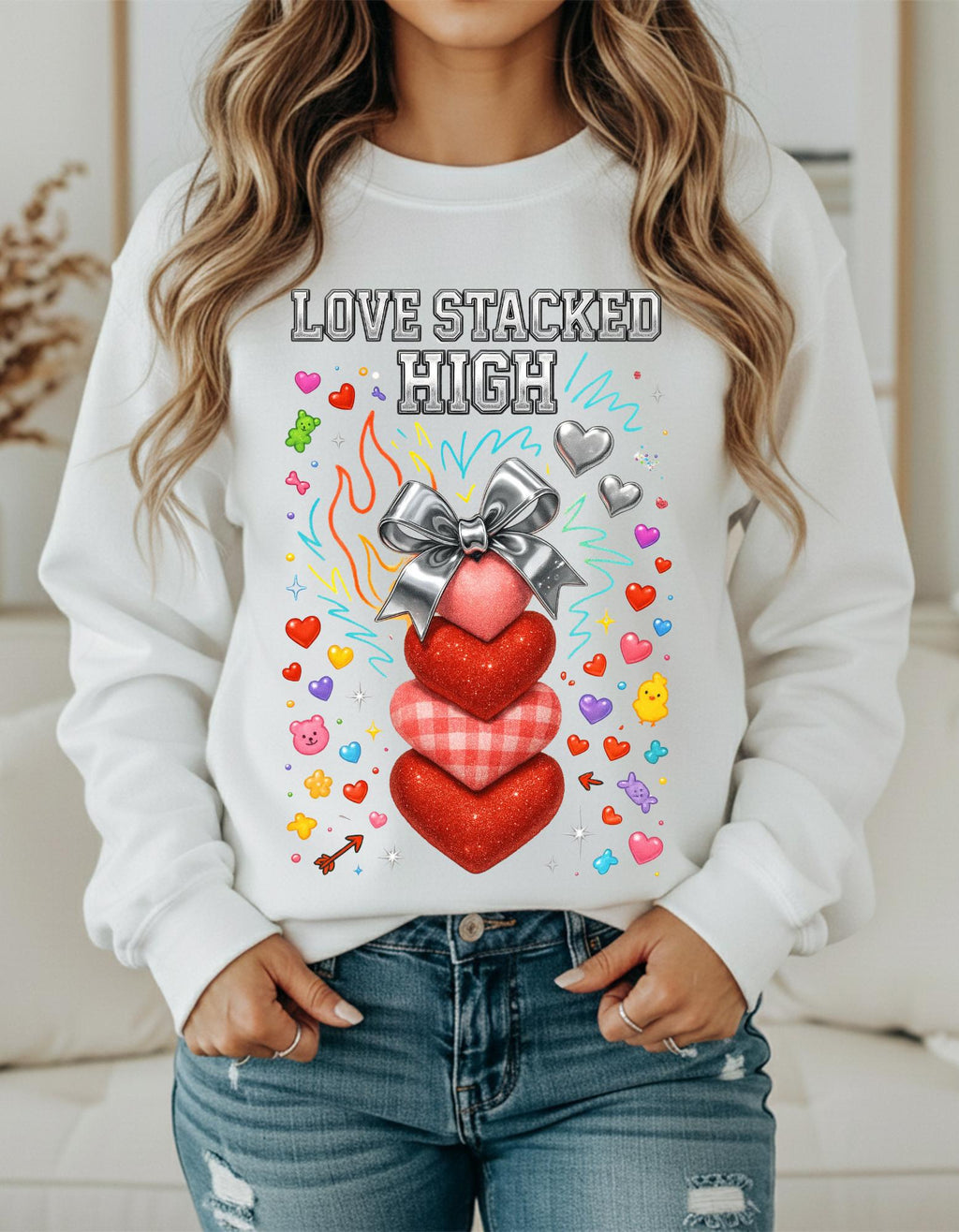 Stacked Hearts Ribbon Crewneck Sweatshirt Valentine Love Design Gift Unisex Cozy Apparel